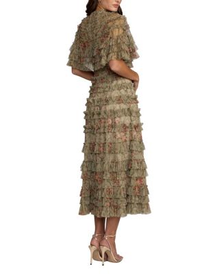 Floral Mesh Ruffle Midi Dress