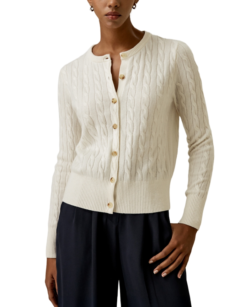 Lilysilk Cable-knit Cashmere Crewneck Cardigan For Women In White