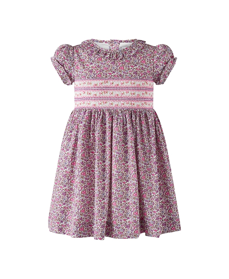 Rachel Riley Girls' Purple Floral Ss Smocked Dress - Little Kid, Big Kid