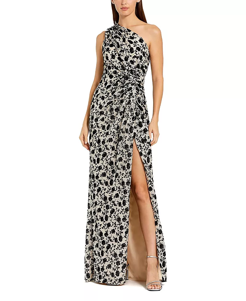 Mac Duggal Floral Sequin One Shoulder Column Gown With Slit