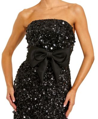 Strapless Sequin Column Evening Gown With Bow