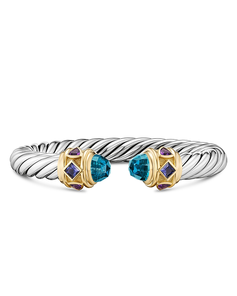 David Yurman Renaissance Cable Flex Bracelet in Sterling Silver with 14K Yellow Gold, Hampton Blue Topaz, Iolite and Amethyst, 9mm