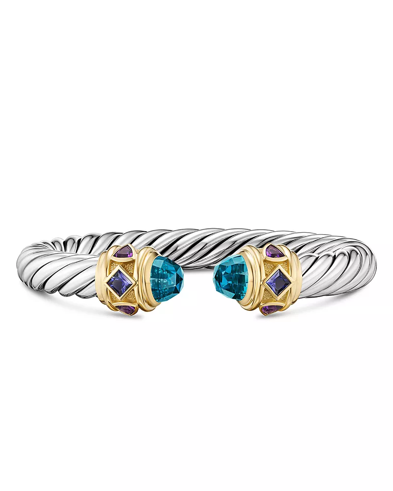 David Yurman Renaissance Cable Flex Bracelet in Sterling Silver with 14K Yellow Gold, Hampton Blue Topaz, Iolite and Amethyst, 9mm