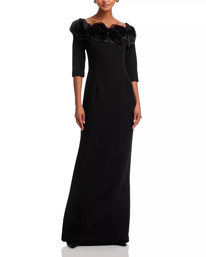 Teri Jon by Rickie Freeman Crepe 3D Flower Off the Shoulder Three Quarter Length Sleeved Gown