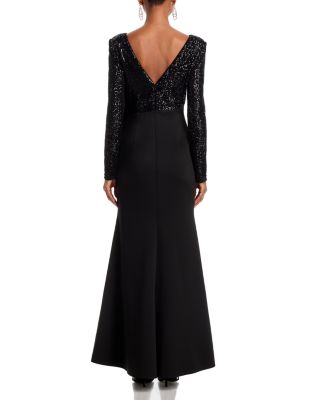 Long Sleeved Boat Neck Combo Bow Mermaid Gown