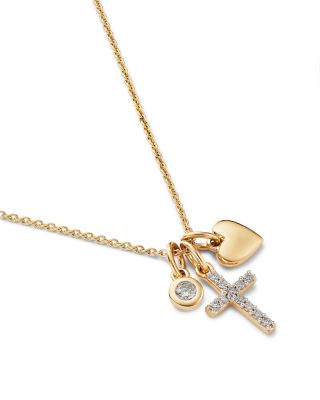 Cross, Heart and Diamond Charm Necklace in 14K Yellow Gold, 0.15 tcw