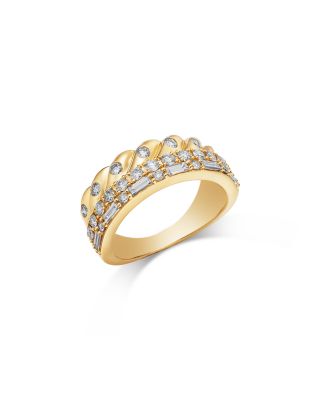 Diamond Round & Baguette Three Row Stack Look Ring in 14K Yellow Gold, 1.0 tcw