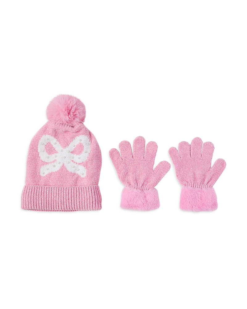 Omg Accessories Girls' Bow Hat & Gloves Set - Big Kid In Pink