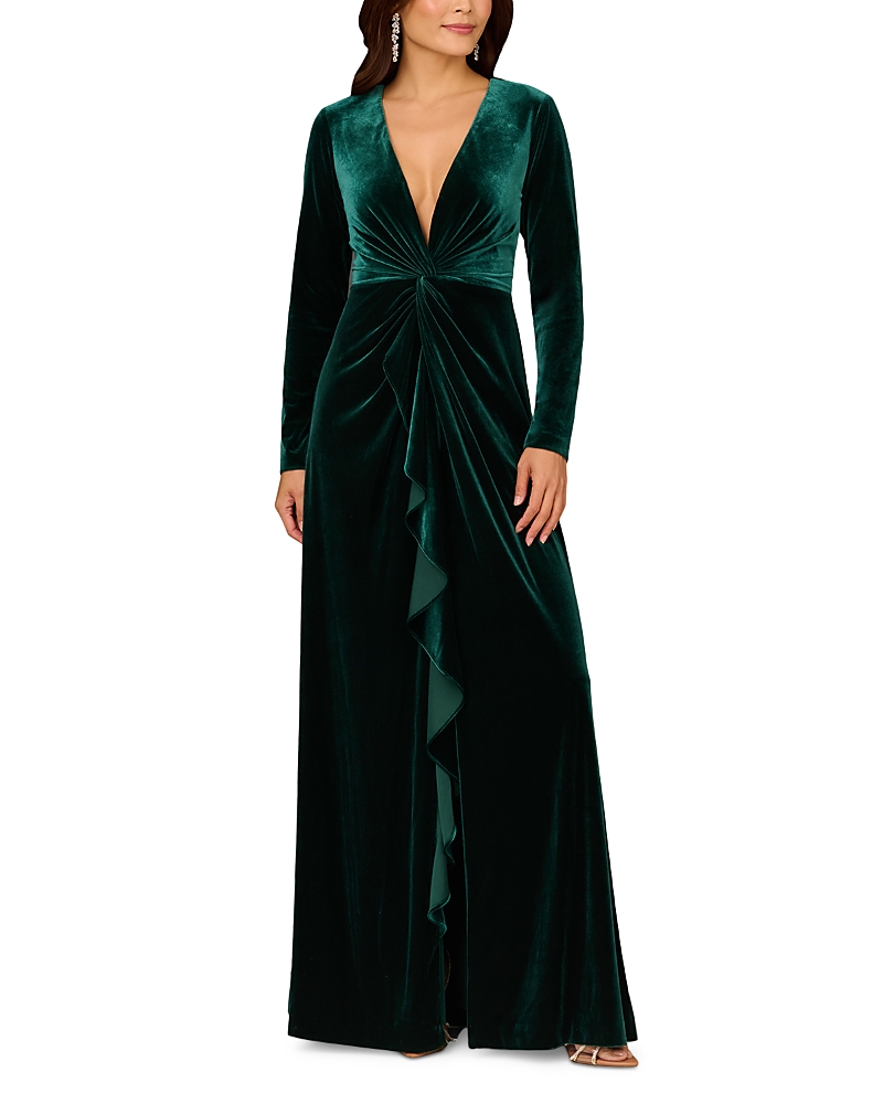 Aidan Mattox By Adrianna Papell Twisted Ruffle Long Sleeve Stretch Velvet Gown In Green