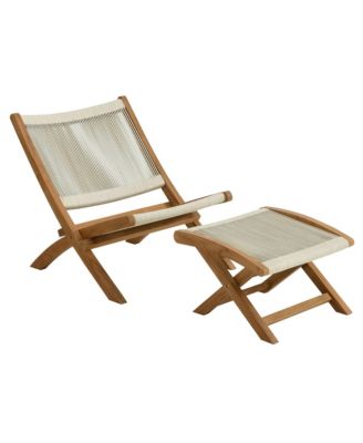  Vienna Outdoor Patio Teak and Rope Folding Accent Lounge Chair and Ottoman, Set of 2