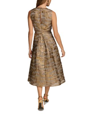 Brocade Midi A Line Dress With Illusion Neckline