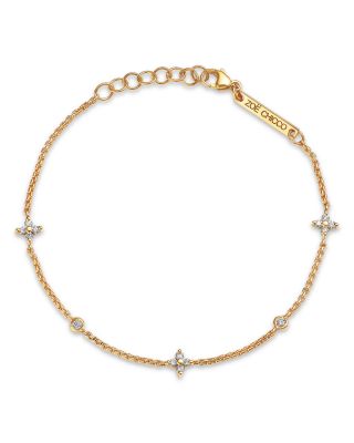 14K Yellow Gold Prong Diamonds Flower & Bezel Chain Bracelet