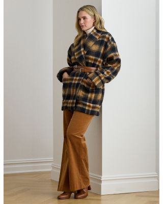Plaid Wool Blend Shawl Collar Wrap Coat
