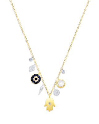Multi Gemstone & Diamond Hamsa Hand Mixed Charm Pendant Necklace in 14K White & Yellow Gold, 18"