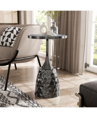 Knoll 16" Iron Round End Table with Geometric Pattern Top and Hammered Base