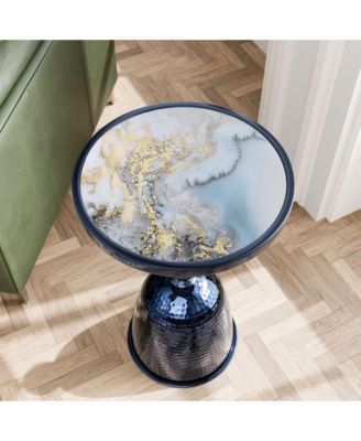 Knoll 16" Iron Round End Table with Ocean Marble-Pattern Top and Hammered Base