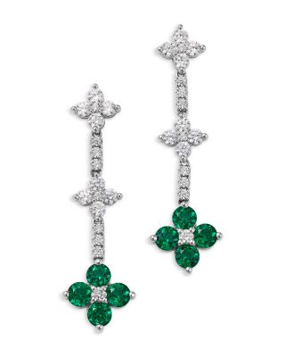 Emerald & Diamond Clover Linear Earring in 14K White Gold
