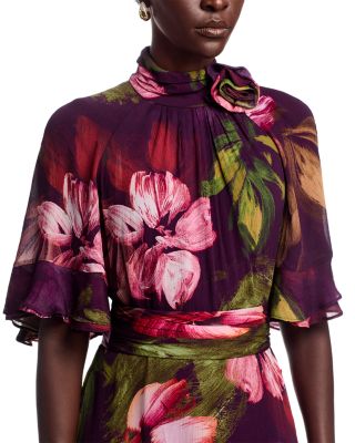 Floral Flutter Sleeve Mock Neck Gown 