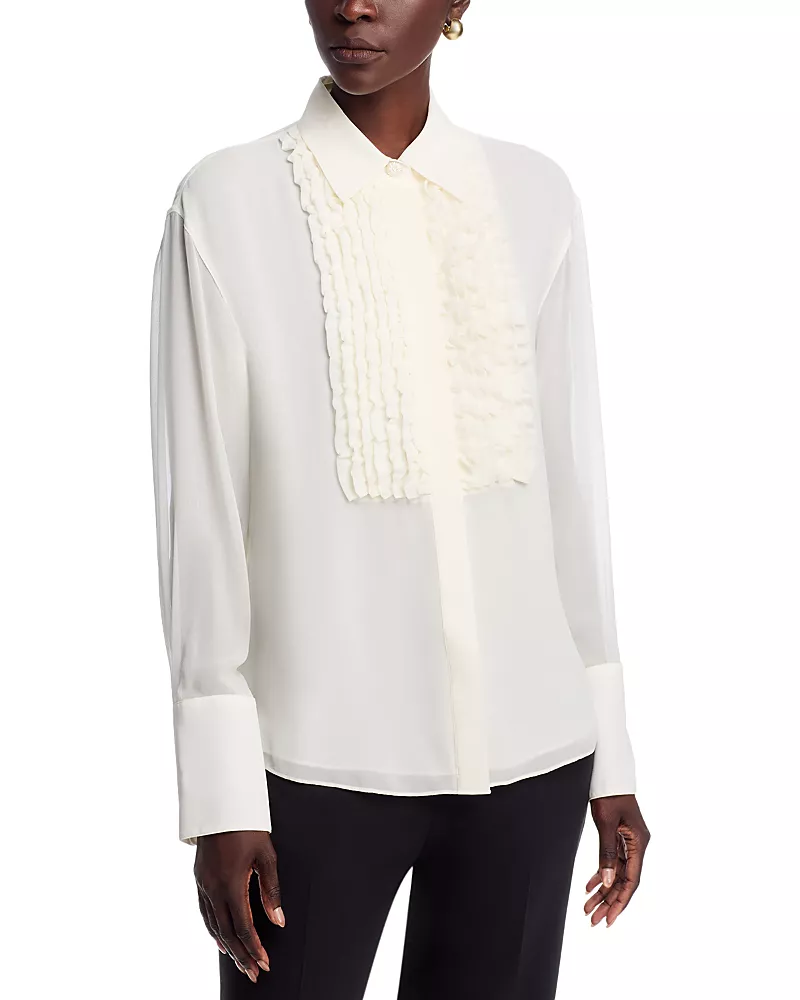 Lafayette 148 New York Silk Ruffle Tuxedo Blouse