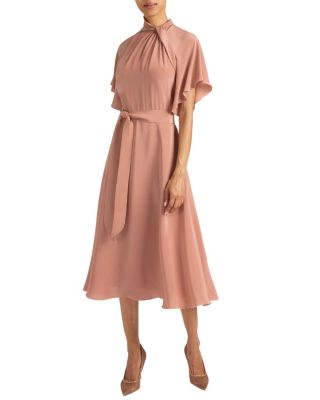Niki Silk Mock Neck Midi Dress with Short Cape Sleeves