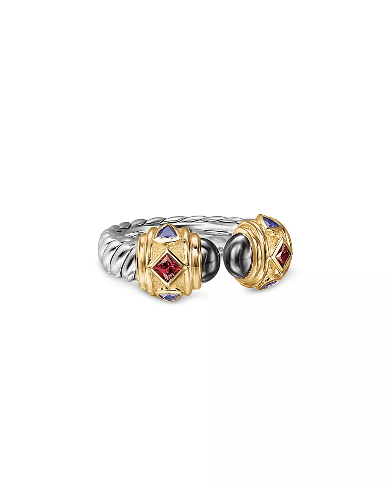 Renaissance Color Ring in Sterling Silver with 14K Yellow Gold, Hematine, Rhodolite Garnet and Iolite, 9.9mm
