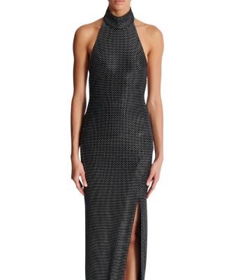  Long Velvet Halterneck Dress With Rhinestones