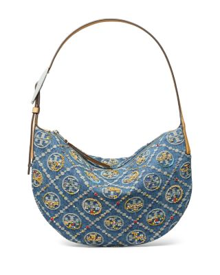 T Monogram Embellished Denim Shoulder Bag