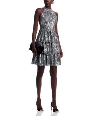 Sequin Mock Neck Tiered Dress