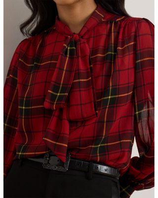 Checked Plaid Georgette Tie Neck Blouse