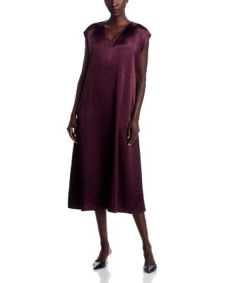 Satin V Neck Cap Sleeve Midi Dress