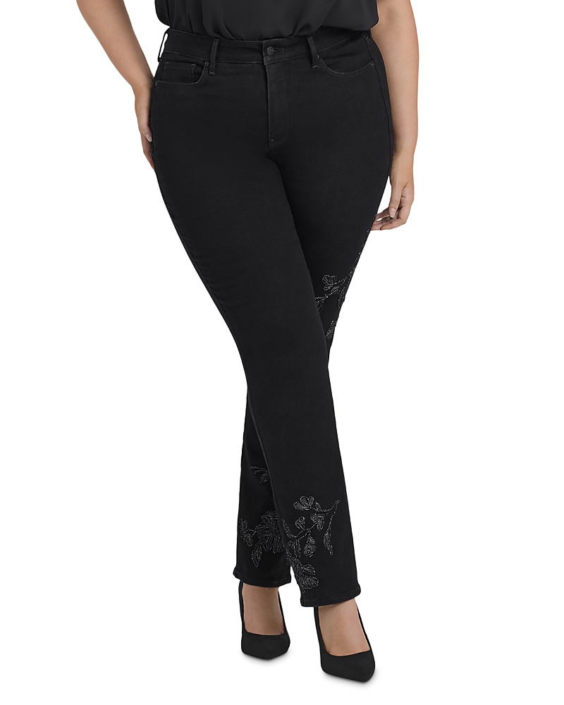 Nydj Plus Marilyn Embroidered High Rise Straight Jeans in Black Rinse