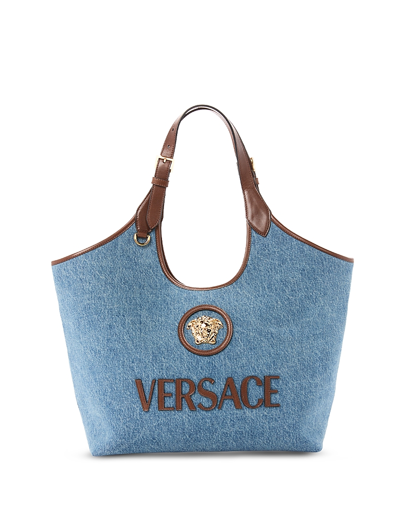Versace La Medusa Denim & Leather Tote