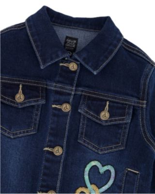 Girls' Stretch Denim Jacket with Glittery Hearts and Unicorn - Big Kid