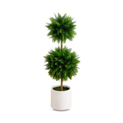 3.5&#39; UV Resistant Artificial Cedar Double Ball Topiary Tree in White Decorative Planter (Indoor/Outdoor)