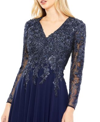  Embroidered Illusion Long Sleeve V-Neck Gown