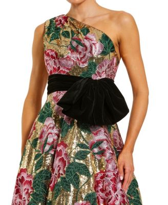 One Shoulder Sequin Ballgown with Velvet Bow