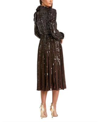 Sequin Puff Sleeve Pleated Midi Dress