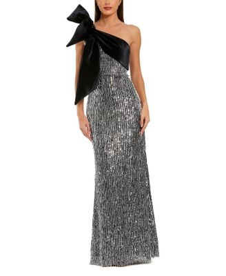 One Shoulder Embellished Sequin Gown with Bow