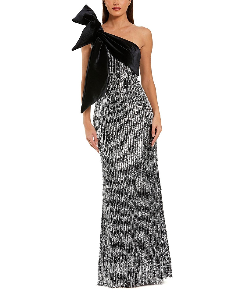 Mac Duggal One Shoulder Embellished Sequin Gown With Bow In Black