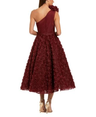  One Shoulder Rosette A-Line Midi Dress with 3D Flower