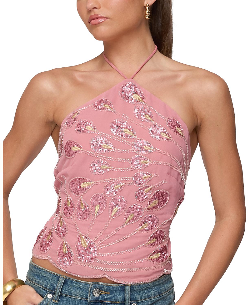 Edikted Beaded Sequin Open Back Halter Top In Pink