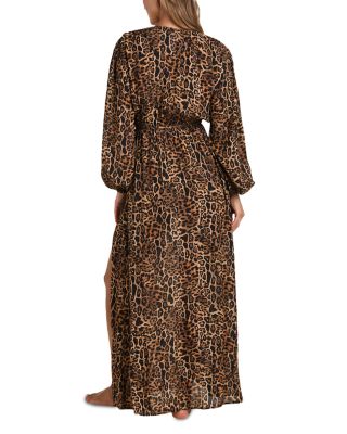 Sara Patch Leopard Long Sleeve Maxi Dress Swim Cover-Up