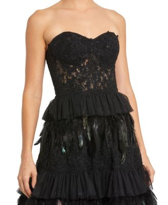 Strapless Tiered Lace & Feather Gown