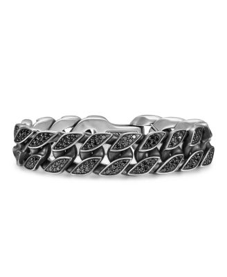 Curb Chain Bracelet in Sterling Silver with Black Diamonds, 18mm