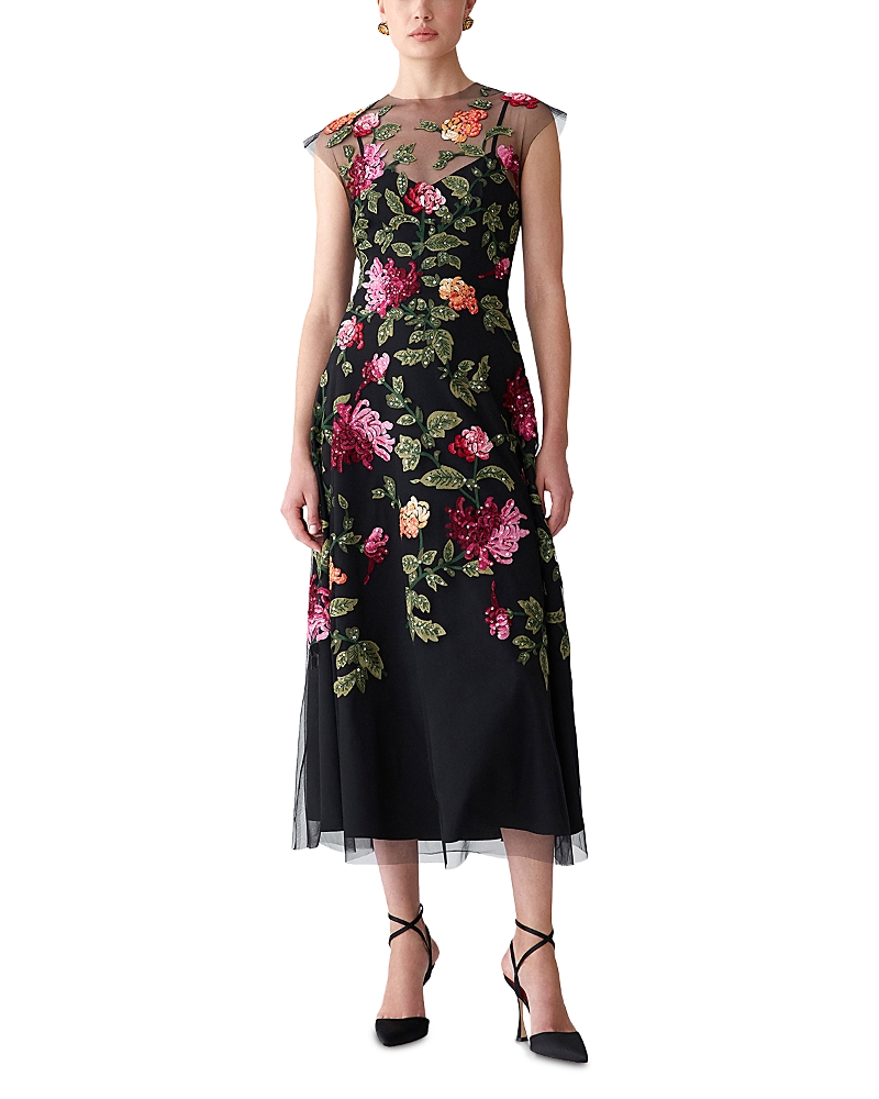 Carolina Herrera Embroidered Cap Sleeve Midi Dress In Black