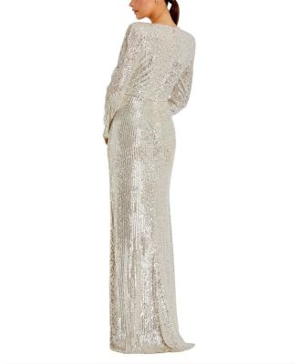 Sequined Long Sleeve Faux Wrap Ruched Gown