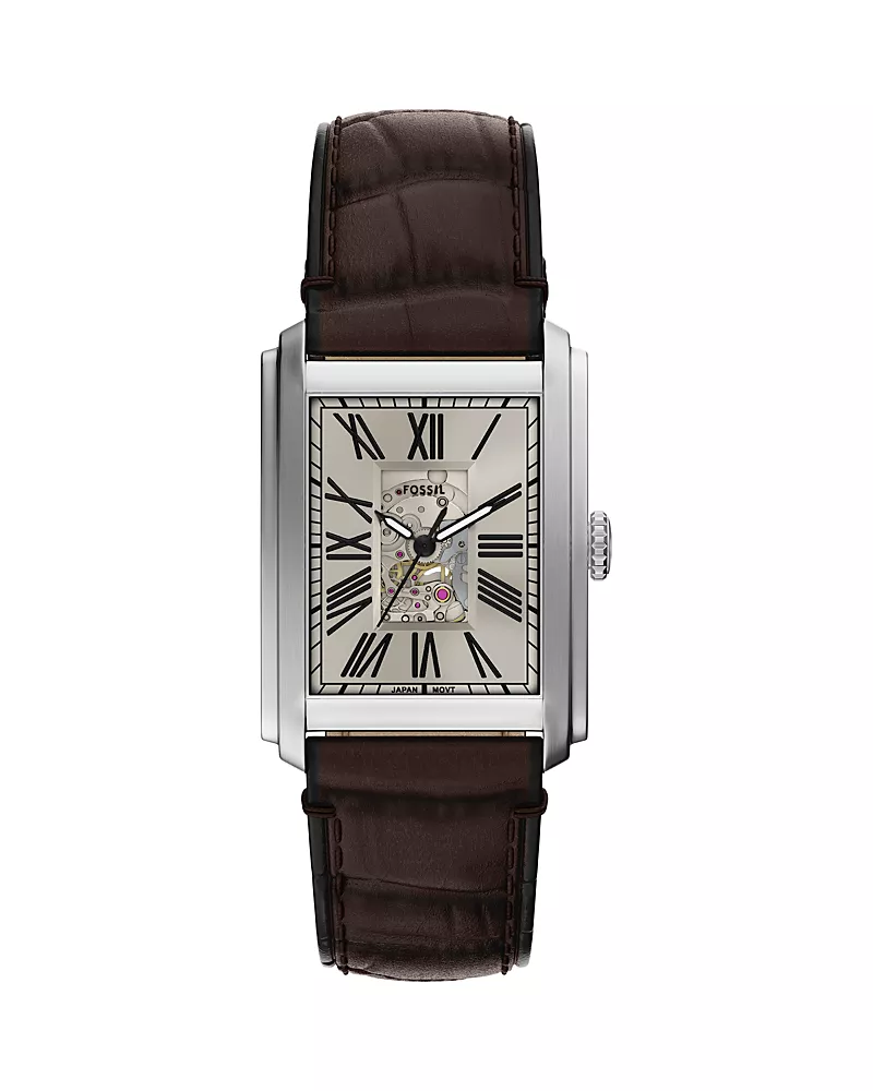 Fossil Carraway Automatic Brown Croc-Embossed Leather Watch, 30mm x 42mm