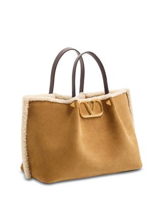 Medium VLogo Suede and Shearling Shopping Tote Bag