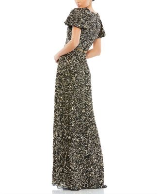 Sequined Wrap Over Butterfly Sleeve Draped Gown