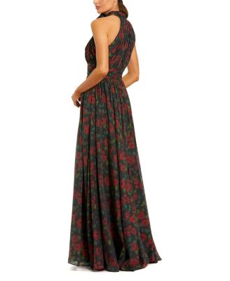 Floral Chiffon 3D Flower High Neck Evening Gown